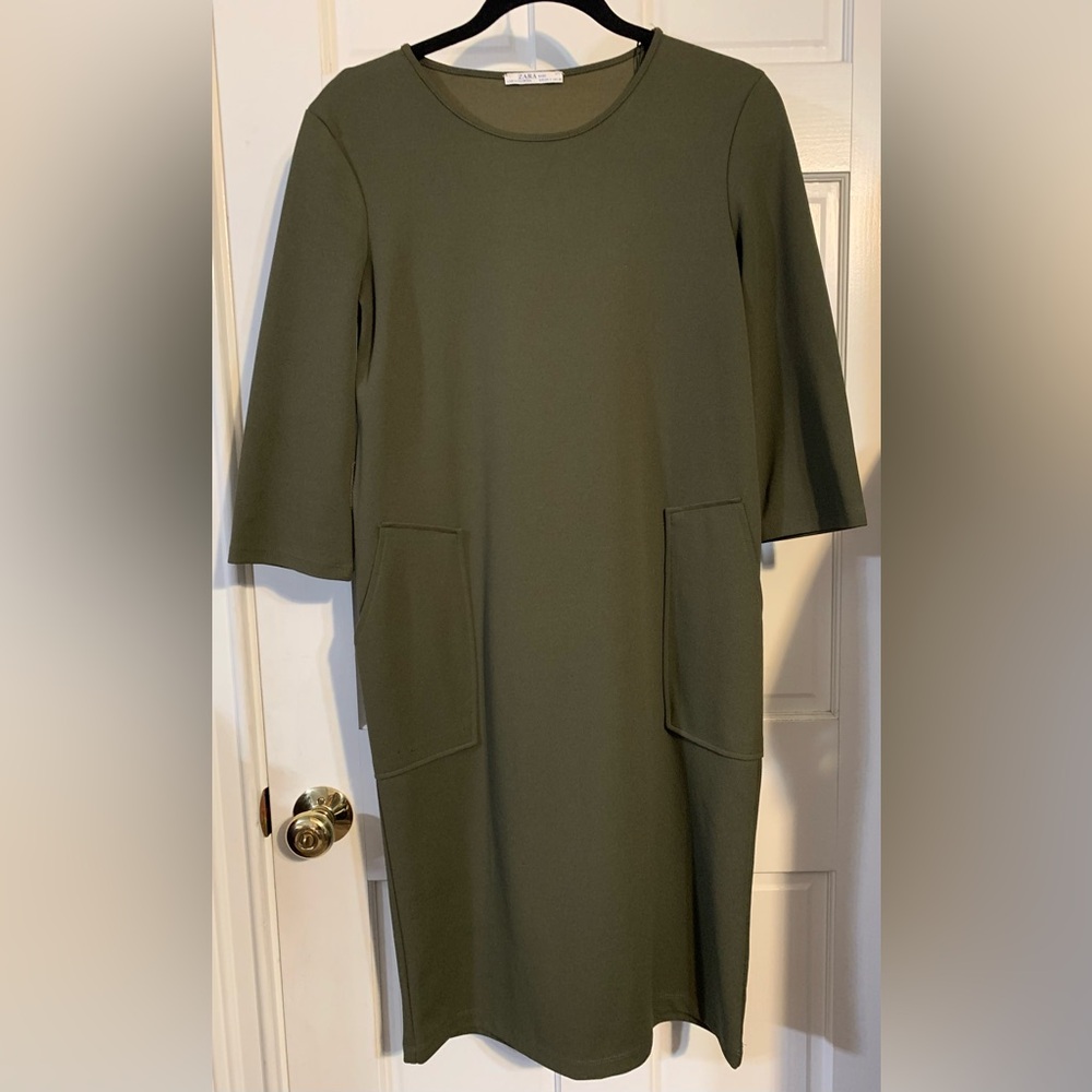 Zara Olive Green Pocket Shift Dress (no belt)